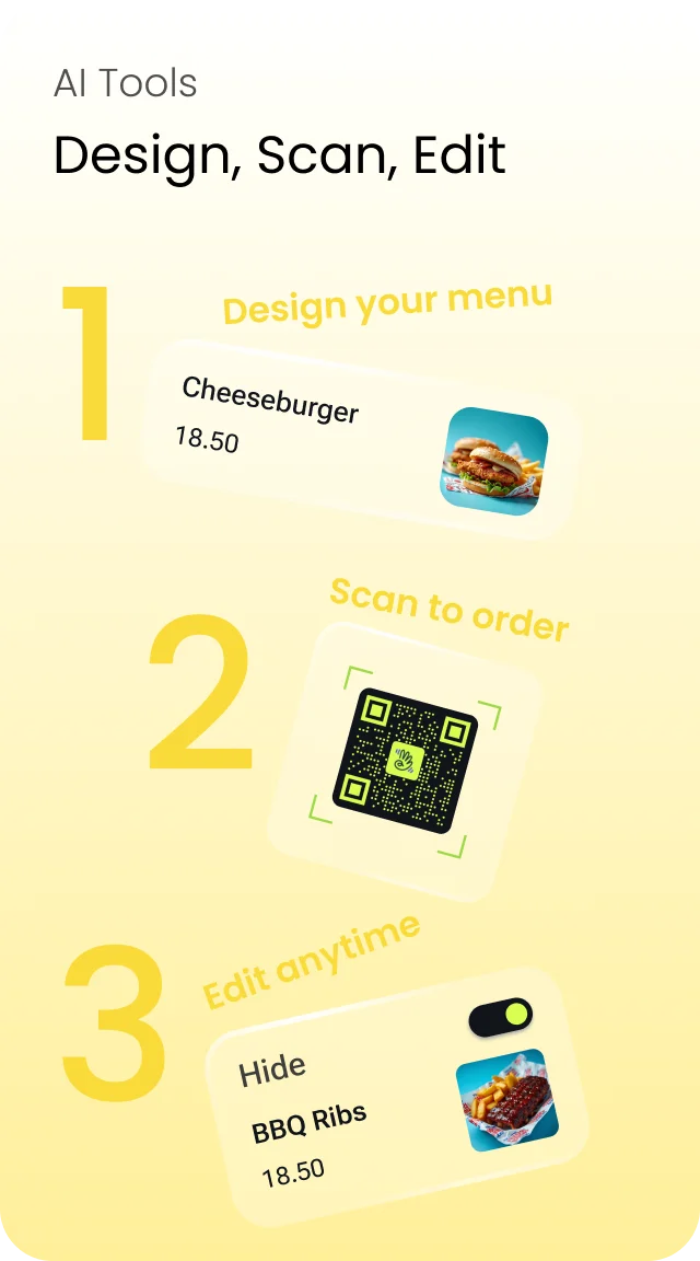 AI Tools: design, scan, edit — build the menu, scan to order, then edit any time
