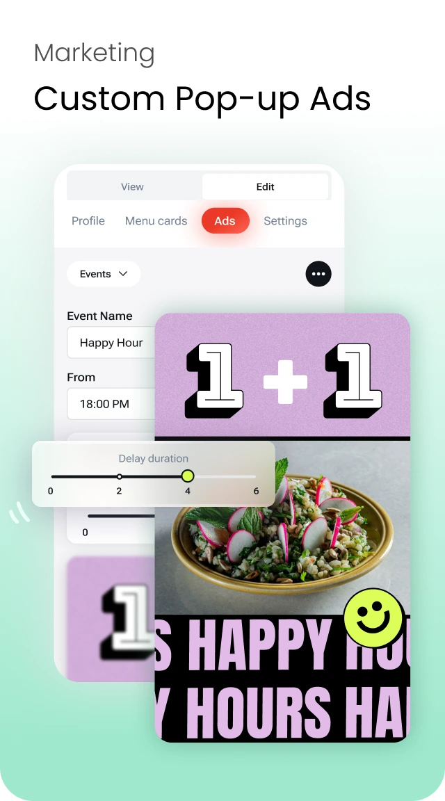Marketing: custom pop-up ads — schedule a happy-hour promo with a delay timer