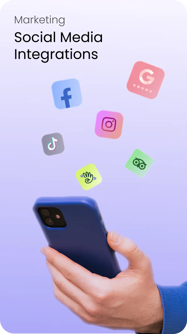 Marketing: social media integrations — Instagram, Facebook, TikTok, Google and Tripadvisor links