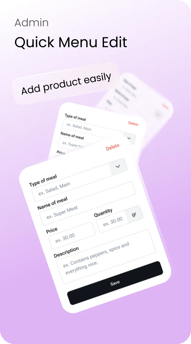 Admin: quick menu edit — add a dish with type, name, price, quantity and description